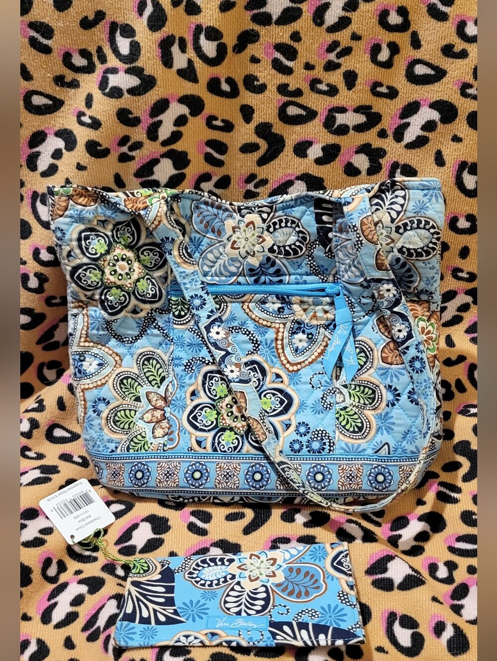 Vera Bradley Blue Paisley Floral Quilted Tote with Checkbook Cover